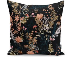 Kussenhoesjes - Velvet Kussenhoes - 45x45 - Bloemen op Zwart - Kussensloop - Aan beide zijdig bedrukt