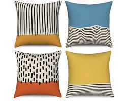 kussenhoezen 40 x 40 cm, set van 4, midden eeuw, abstracte moderne geometrische decoratieve kussenhoezen blauw geel verbrand oranje linnen kussenslopen voor sofa, bank, outdoor home decor