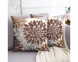 Kussenhoezen, 45 x 45 cm, grijs en bruin, moderne kussenhoezen van linnen, set van 2 stuks, geometrisch, bloemen, vierkant, abstract sierkussen, kussenhoes voor bank, woonkamer, Kerstmis