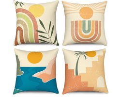 kussenhoezen 45 x 45 cm, set van 4, midden eeuw, abstracte blad, zon, regenboog decoratieve kussenhoezen moderne geometrische esthetische kunst linnen kussenslopen voor slaapbank buiten woondecor