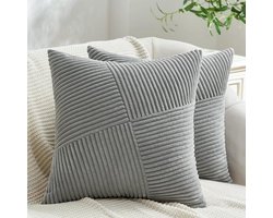 Kussenhoezen 45x45 cm Grijs 2-delige set Cord Satijn Windmolen Patchwork Strepen Ontwerp Decoratieve Kussens voor Bank en Stoelen, Perfecte cadeaus voor de Winter