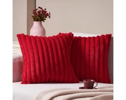 Kussenhoezen - 45x45 cm - Set van 2 - Rood - Sierkussenhoezen - Zacht en pluizig - Voorzien van een gestreept dessin - Luxe bankkussenhoezen - Geschikt voor woonkamer en slaapkamer