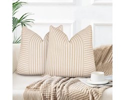 Kussenhoezen 60 x 60 cm katoen linnen - Set van 2 - Strepen - Sierkussens boho decoratie - Sierkussenhoezen voor bank woonkamer - Zwarte kussenhoezen kussenhoes 60x60
