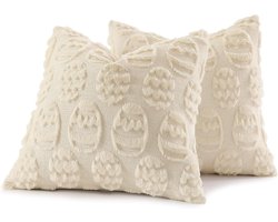 Kussenhoezen – Crèmekleurige kussenhoezen met paaseimotief – 45 cm x 45 cm – Set van 2 | Zachte, pluche jacquard sierkussenhoezen | Pluche decoratie voor de lente en Pasen
