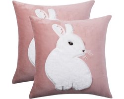 Kussenhoezen - Decoratieve hoezen - Paasdecoratie - Zachte fluwelen stof - 45 x 45 cm - Wit met konijn