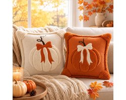 Kussenhoezen - Herfstdecoratie - Pompoen Kussenhoes - Decoratieve Kussenhoes - Geschikt voor Bank Woonkamer Herfst Halloween en Boerderijdecoratie - 45 x 45 cm Set van 2 - Oranje Wit