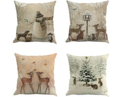 Kussenhoezen - Kerstdecoratie - Waterdicht Set van 4 - Vintage Linen Ontwerp - Voor Stoel of Bank