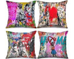 Kussenhoezen met Graffiti Design - Set van 4, 45 x 45 cm, Kleurrijke Decoratieve Kussens voor Huiskamer en Interieur