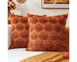 Kussenhoezen Set 2 Stuks - Pompoen Design 45x45 cm - Pluche Herfst Hoezen voor Bank en Tuin - Boho Stijl Woonkamer Decoratie - Moderne Dekenkussens voor Binnen en Buiten