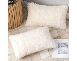 Kussenhoezen Set - Decoratieve Hoezen - Bank en Bed - Zachte Pluche Stof - 50x70 Cm - Beige