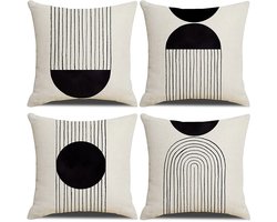 Kussenhoezen Set - Decoratieve Hoezen - Woonkamer Decoratie - Zacht Katoen Linnen - 45x45cm Set van 4 - Zwart Wit