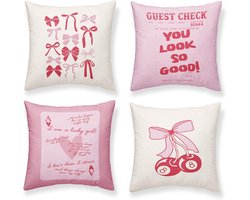 Kussenhoezen Set - Decoratieve Hoezen - Woonkamer Decoratie - Zachte Flanellen Stof - 4 Stuks 45x45cm - Roze Strik