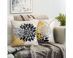 Kussenhoezen Set - Decoratieve Kussenslopen - Woonkamer Decoratie - Ademend Natuurlijk Linnen - 40x40 cm - Zwart Geel