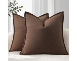 Kussenhoezen Set - Katoen Sierkussen - 2 Stuks 40x40 cm - Ademend met Randafwerking - Voor Bank Bed Woonkamer - Donkerbruin