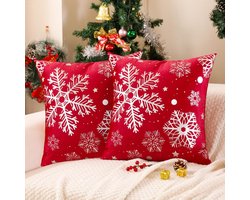 Kussenhoezen set van 2 40 x 40 cm - Velvet - Rode kerst met zilveren sneeuwvlokken - Creëer een feestelijke sfeer - ShopVlot