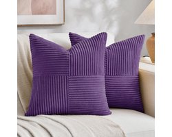 Kussenhoezen, set van 2 kussenslopen, 80 x 80 cm, van corduroy, modern, zacht kruispatroon, decoratieve kussenslopen voor bank, slaapkamer, paars