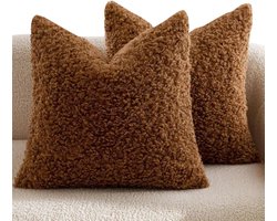 Kussenhoezen Set - Zachte Sierkussens - Woonkamer Decoratie - Teddy Fleece Stof - 45x45 cm - Bruin