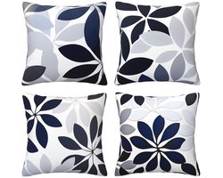 Kussenhoezen voor bank, 65 x 65 cm, set van 4, fluwelen met verborgen ritssluiting, blauwe en zwarte print, vierkant, voor bank, woonkamer, slaapkamer en stoel, decoratief, I8279