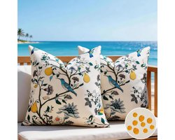 Kussenovertrek set van 2, 40 x 40 cm met witte bloemen, moderne boerderijlook, boho, citroenen en blauwe vogels, polyester linnen, decoratie voor balkon, tuin, meubels, bank en slaapkamer, le