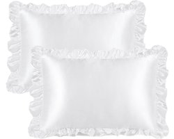 Kussenovertrek van satijn 2-delig set kussenslopen met ruches en hotelsluiting voor woonkamer slaapkamer bank - wit - 51 x 66 cm