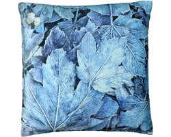 Kussens gevuld - Unique Living - Bladeren print - Achterkant effen donker blauw - 45x45 cm