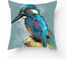 Kussens - kussenhoes IJsvogel Blauw - 45x45 - met rits - sierkussenhoes - vogelprint - witte achterkant