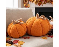 Kussens set van 2, Herfst Decoratie Pompoen Sierkussen Zachte Schattig 3D-vormig Kussen voor Bank Thanksgiving Halloween Decoratie (Oranje, 32x22cm en 23x18cm)