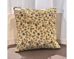 Kussens woonkamer - kussenhoes 40 x 40 cm - kussensloop - sierkussens - cushion cover - katoensilk - Kussenhoesjes - 2 stuks - etnisch Indiaas - borduurwerk - embroidery - Creme wit - Blauw - Gouden