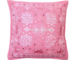 Kussensloop Katoen - Sierkussenhoes Geborduurd - Woonkamer Decoratie - Spiegel Geborduurd - 40 x 40 cm - Baby Roze