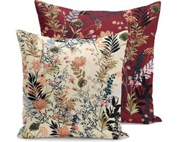 Kussensloop - kussenhoes - Sierkussenhoes - hoes voor sierkussens Flora - Velvet set van 2 - 50x50 - Bloemen op Bordeaux / Beige Crème - Aan beide zijdig bedrukt