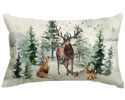 Kussensloop met Boom, Vos, Konijnen en Rendier - Decoratief Kussen voor Winter & Kerst - 30 x 50 cm