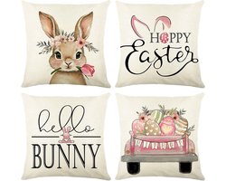 Kussensloop - Paas kussensloop - Pasen decoratie - Set van 4 paaskussenhoezen - Kleurrijke konijneneieren - Bankkussenhoes voor woonkamer en slaapkamer - Decoratie met konijn en auto - Roze - 45 x 45 cm