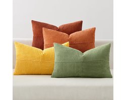 Kussensloop Ribfluweel - Kussenhoes Set - Bank Decoratie - Patchwork Ontwerp - 40 x 60 cm - Oranje-Groen