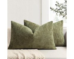 Kussensloop Set - Decoratieve Hoezen - Woonkamer Opfrissen - Premium Chenille Stof - 40x60 cm - Olijfgroen