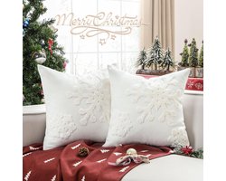 Kussensloop, set van 2 vierkante sierkussens, hoezen met sneeuwvlokkenpatroon, Kerstmis, decoratieve sierkussenovertrekken voor sofa, auto, thuis, slaapkamer, 45 x 45 cm, wit