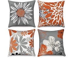 Kussensloop Set van 4 Orange 45x45 cm Modern Bloemen Linnen Wasbaar voor Bank en Hoofdkussen