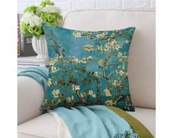 Kussensloop – Thema: van Gogh Amandelbloesem -Premium Katoen-Linnen, Kleurvast & Slijtvast, met Handige Rits -45x45cm