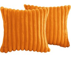 Kussenslopen - 2 stuks - Pluche kussenslopen - Zacht - Pluizig - Gestreepte randen - Voor banken, slaapkamers - Oranje Kussenslopen