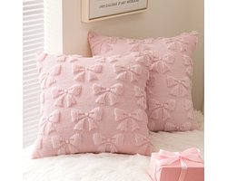 Kussenslopen - Lichtroze kussenslopen met strikken - Kamerdecoratie - 2 stuks - Decoratieve schattige kerstmeisjeskussenslopen - Zachte pluche imitatiebont kussenslopen - Geschikt voor meisjesbedden, banken - 45*45cm