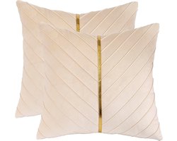 Kussenslopen met crèmekleurige fluwelen afwerking, set van twee met gouden leren afwerking, luxe en moderne bankkussens, geschikt voor woonkamer, slaapkamer, bank en bed.