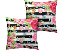 Kussenslopen Set - Kussenhoezen Vierkant - Woondecoratie - Roze Zwarte Strepen - 45x45 cm - Roze Zwart