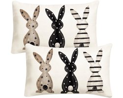 Kussenslopen Set - Paas Decoratie - Interieur Aankleden - Zacht Linnen Materiaal - 30x50 cm - Zwart Wit