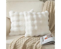 Kussenslopen Set Van 2 50x50 Cm - Crèmewit Pluche Kunstbont - Zachte Wollen Sierkussenhoezen - Fluffy Decoratieve Kussens Voor Bank En Slaapkamer