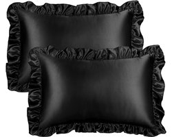 Kussenslopen Set van 2, Satijn, 40 x 60 cm - met Ruches - Knuffelig - Hotelsluiting - Zwart - Voor Woonkamer en Slaapkamer - Bank - 40 x 60 cm