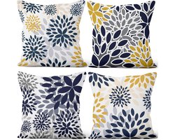 Kussenslopen Set van 4, Boho Bloemen Sierkussen Blauw en Geel Bloem Zachte Korte Pluche Vierkante Kussensloop voor Sofa Bank Slaapkamer Autostoel Home Decor 24"x24"