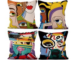 Kussenslopen Set van 4, grappige Graffiti Gooi Kussenslopen Veelkleurige Vrouw Gezicht Ogen Zachte Korte Pluche Vierkante Kussensloop voor Sofa Bank Slaapkamer Autostoel Home Decor 24"x24"