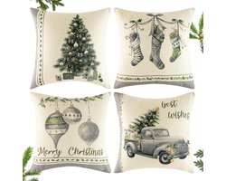 Kussenslopen voor Kerstmis, 4 stuks, 40 x 40 cm, kussensloop Kerstmis linnen kussenslopen, Elk Kerstman patroon kerst kussen - grijze stijl