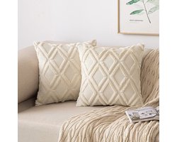 Kussenslopen, voor sierkussens, set van 2, wol, fluweel, boho, decoratief kussen, voor de bank, slaapkamer of woonkamer, 45 x 45 cm, beige