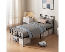 KUTAS 1 Persoons Bed 90 x 200 cm - Eenpersoonsbed - Metalen Bedframe - Lattenbodem - Grote Opbergruimte - Hoofd- en Voeteneinde - Extra Stevig - 300 kg Draagvermogen - Zwart