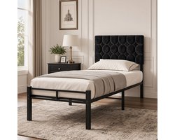 KUTAS 1 Persoons Bed 90 x 200 cm - Gestoffeerd Bedframe Met Metalen Frame - 32 cm Vrije Ruimte Onder Het Bed - Lattenbodem - Zwart
